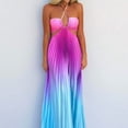 thumbnail image 3 of Blue-Orange Gradient Halter Neck Hollow Out Pleated Maxi Dress For Women, 3 of 7