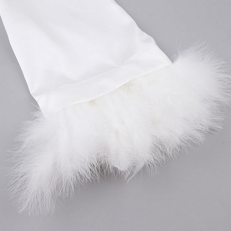 DanceeMangoo White Feather Robe With Fur Full Sleeves Sleepwear Satin Robes  For Women Nightgown Bride Robe Gown Dress Bathrobe Female