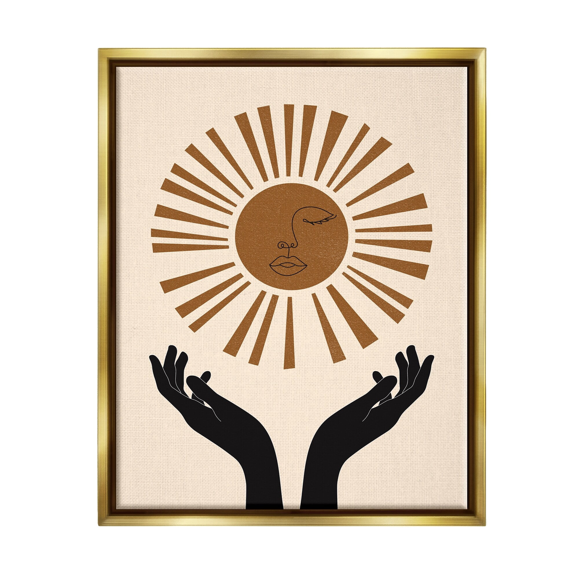 Stupell Industries Hands Holding Desert Sun with Face Linework Metallic Gold Framed Floating Canvas Wall Art, 16x20, by JJ Design House LLC