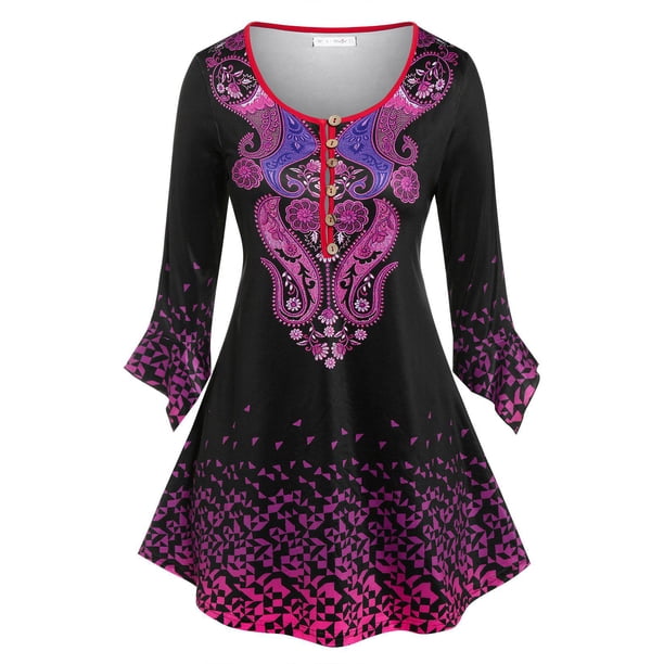 Talla grande Paisley Print Sleeve Henley Tee Rosegal Mangas largas de talla grande