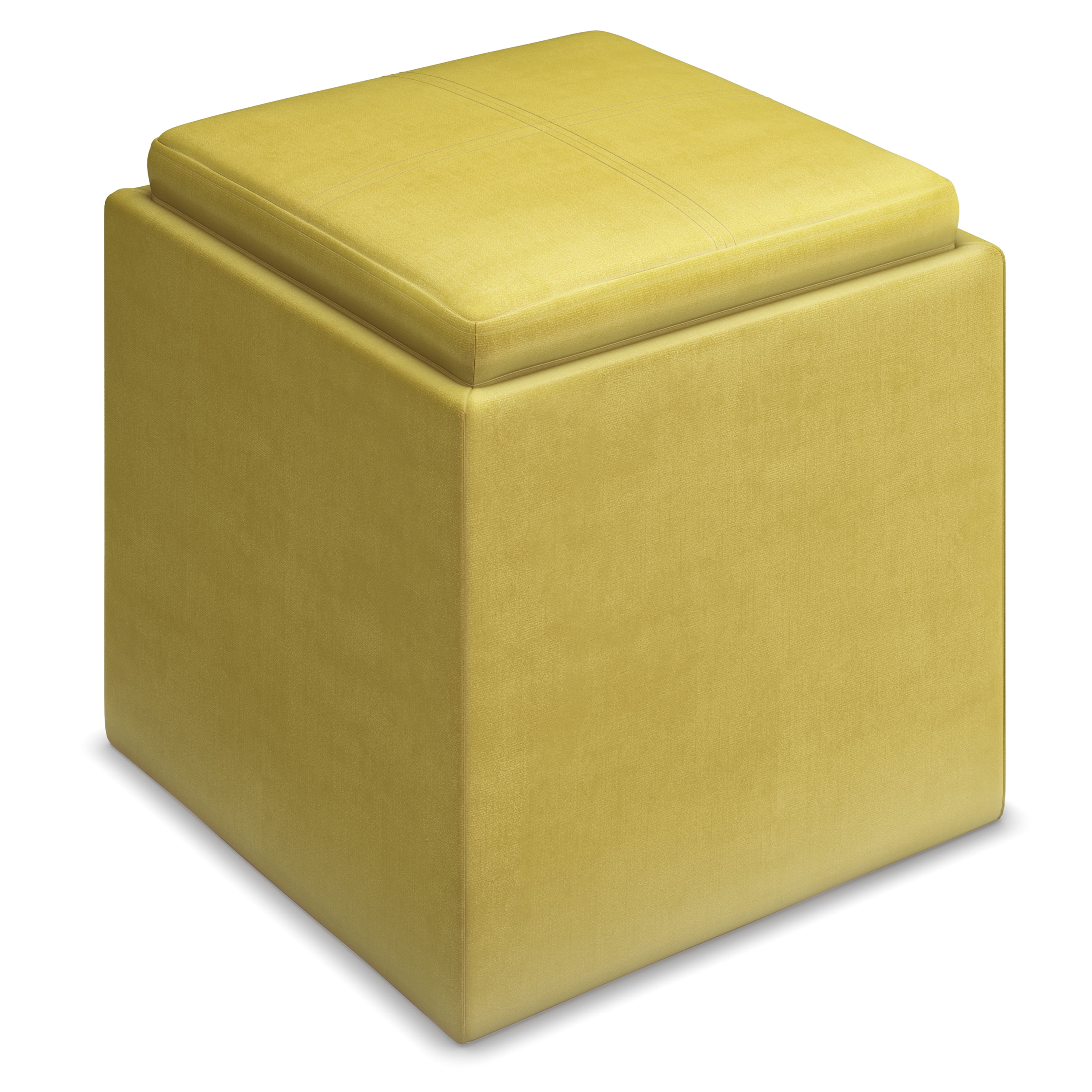 Simpli Home Rockwood 17 inch Wide Contemporary Square Cube Storage Ottoman with Tray in Dijon Yellow Velvet Fabric, Assembled