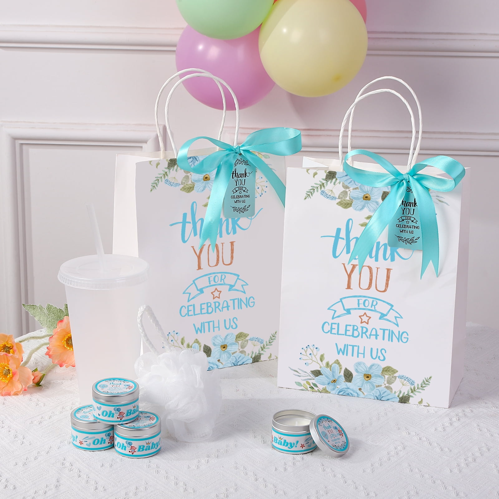 sixwipe 31 Pcs Baby Shower Game Prizes, Baby Shower Favor Gifts, Baby Shower Player Winner Gifts with Plastic Tumbler, Scented Candles, Card, Gift Bag, Bath Ball and Ribbon