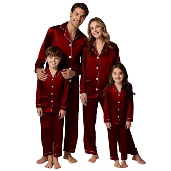 Christmas Family Pajamas Matching Sets Silk Christmas Pjs Long Sleeve Button-Down Loungewear Set Christmas Gifts for Family Kids Matching Christmas Pajamas