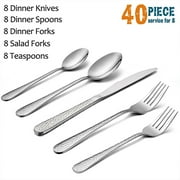 Vesteel Hammered Silverware Set, 40-Piece Stainless Steel Flatware Cutlery Set for 8, Includes Knives, Forks, Spoons, Mirror Polished & Dishwasher Safe