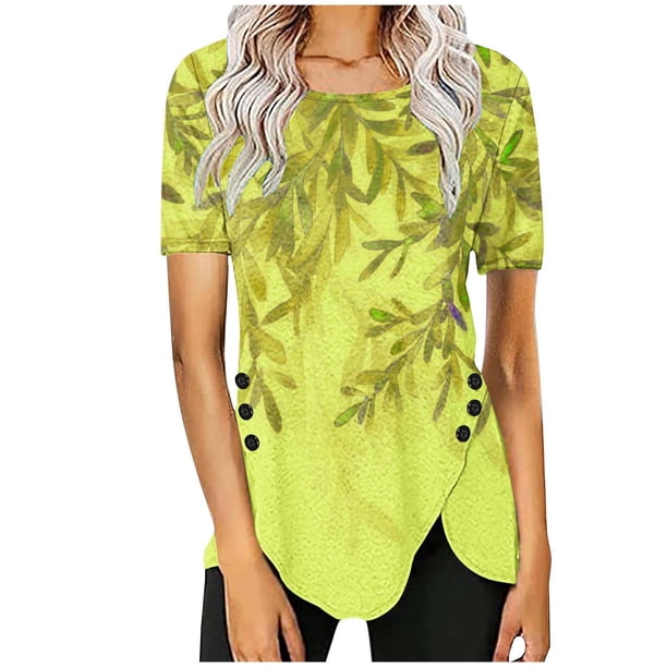Blusas de Manga Corta para las Mujeres Botón Impreso Cuello Redondo Top Casual, Blusas para las Mujeres Casual