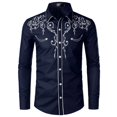 thumbnail image 5 of WTOBBY Men's Embroidered Long Sleeve Shirt Casual Turn-Down Collar Button Front Quality Cotton Blend Business Casual Office Wear Slim Fit Dress Top,Navy XL, 5 of 5
