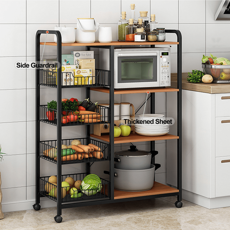 Kitchen Carts 4 Tires Rolling Carts with Wheels Microwave Stand with Storage with Oak Wood Tabletop