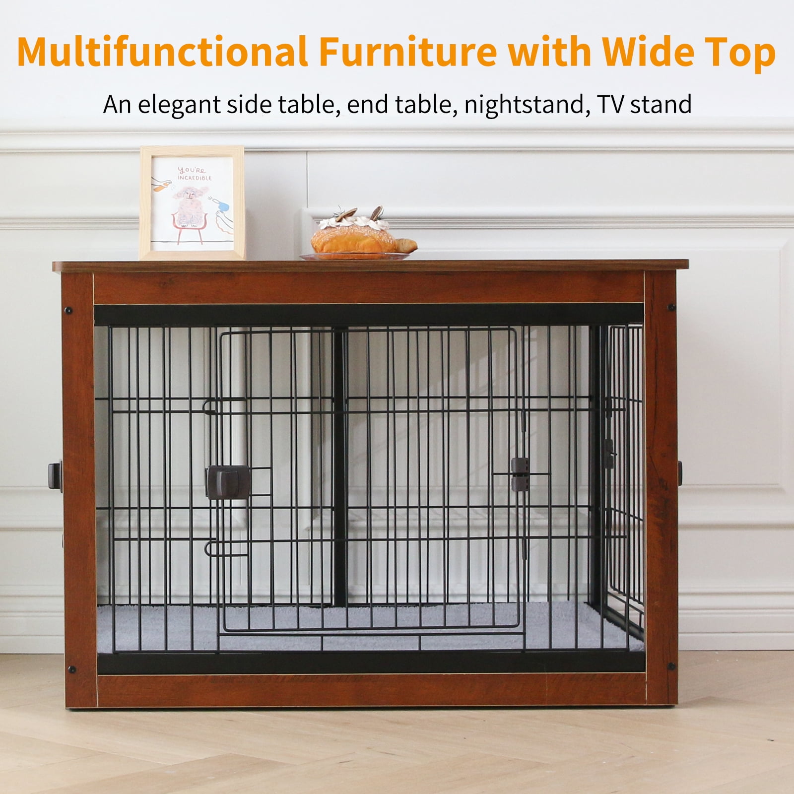 Dog Crate Furniture Indoor Dog Crate End Table Heavy-Duty Dog Cage with Dog Mat, Three-Door Dog House Brown
