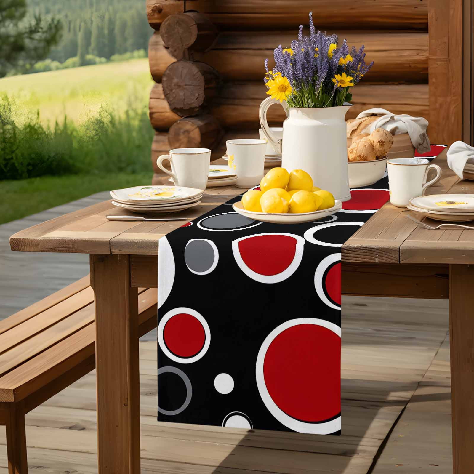 Abstract Red Black Circle Table Runner 90 Inches Long, Color Block on Black Table Runners Tabletop Scarf Kitchen Dining Tables Decoration for Home Party Indoor Outdoor