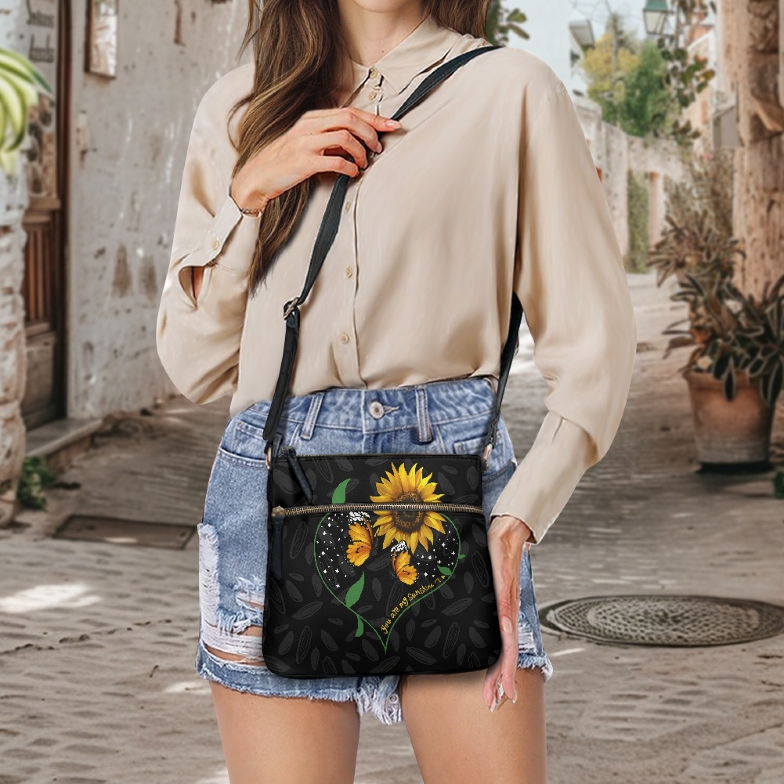 LedBack Sunflower Print Leather Women Crossbody Hobo Bag Portable Satchel Purse Multi Pocket Messenger Bag Soft Sling Shoulder Handbag Purse (You Are My Sunshine), Black