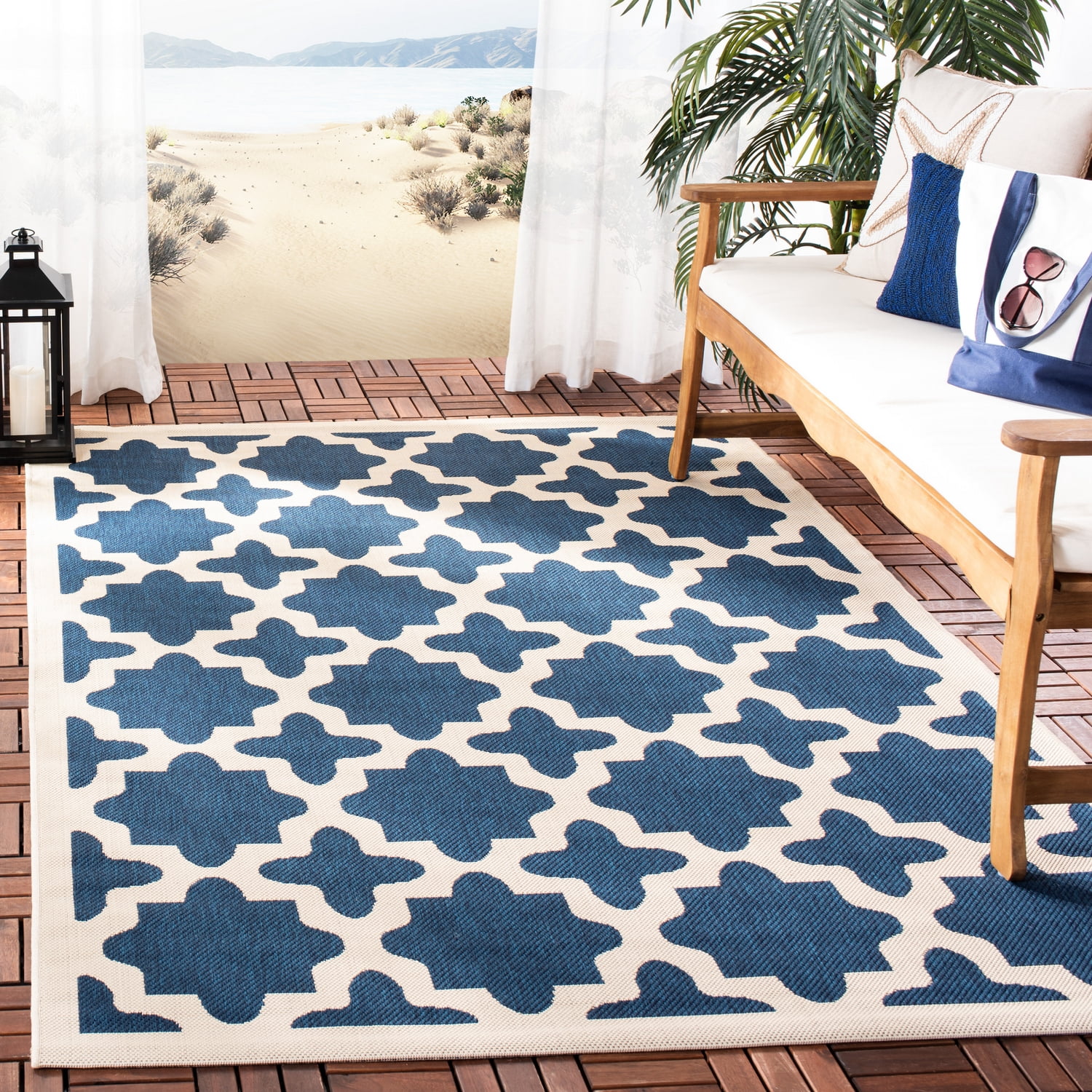 SAFAVIEH Courtyard Amanda Geometric Indoor/Outdoor Area Rug, 6'7" x 6'7" Square, Navy/Beige