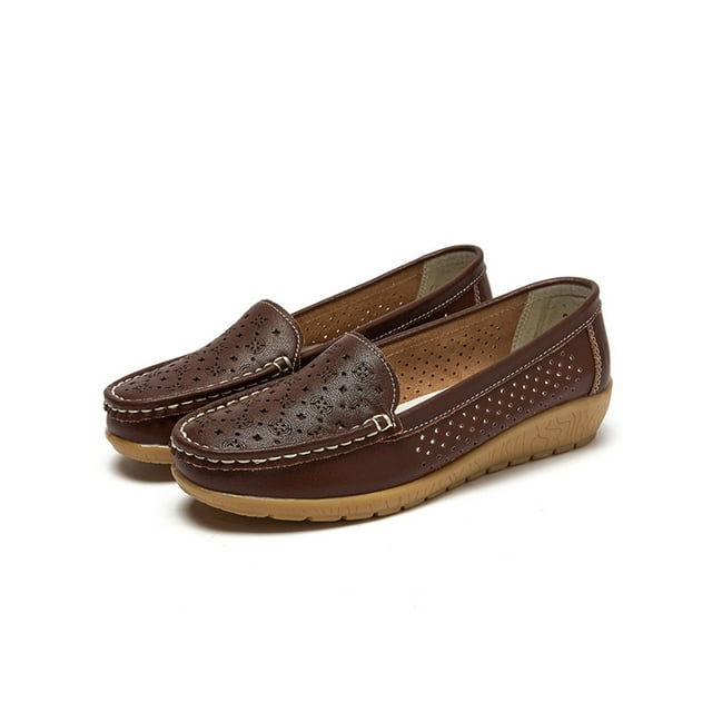 MAWCLOS Mocassins pour Femme à Tige Basse Bout Rond Antidérapants Chaussures Bateau à Enfiler Compensées de Conduite Café 5.5