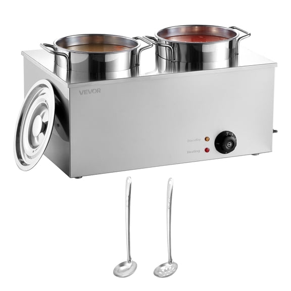 VEVOR Electric Soup Warmer, Two 6.34QT Stainless Steel Round Pot with 86~185°F Adjustable Temp, 1200W Commercial Bain Marie Compatible with Pans, Soup Station for Restaurant, Buffet