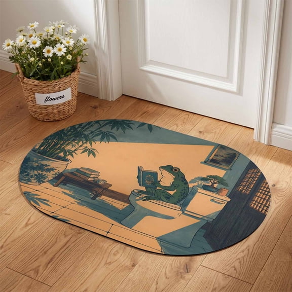 Funny Frog Diatomaceous Earth Bath Mat, Country Whimsical Bathroom Toilet With Blue Book Oval Non-Slip Quick Dry Door Mat Super Absorbent Bath Rug for Bathroom Kitchen Laundry 18x30in