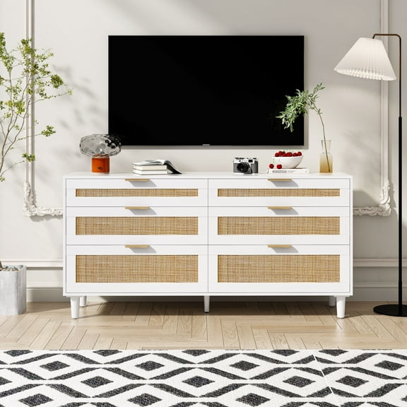 GUTALOR 59" Rattan Dresser with 6 Drawers Clothes Storage Cabinet for Bedroom, Living Room & Hallway, Metal Handles & Wood Legs-White
