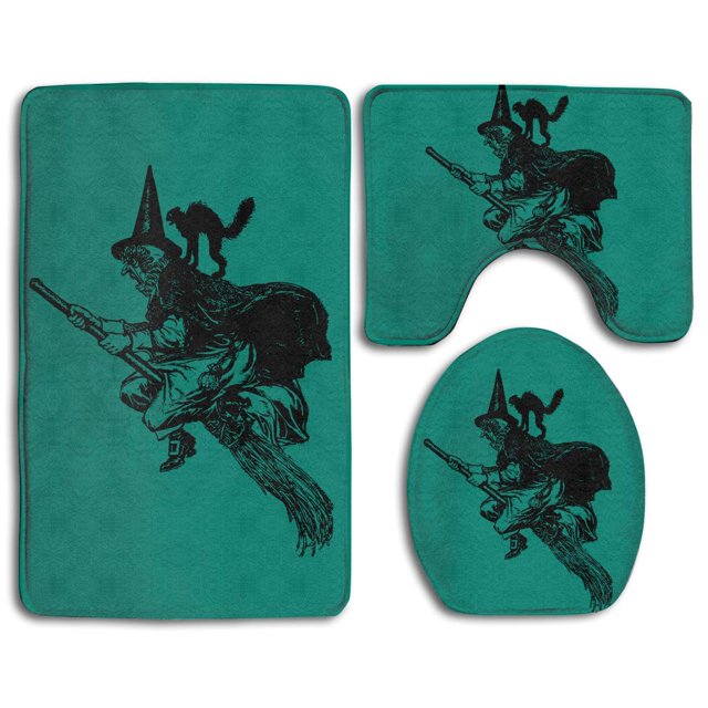 ABPHQTO La escoba de bruja y el gatito vuelan en escoba Juego de alfombras de baño de 3 piezas Alfombra de baño Alfombra de contorno y tapa de inodoro ABPHQTO Cont-CHAPPLE-18390