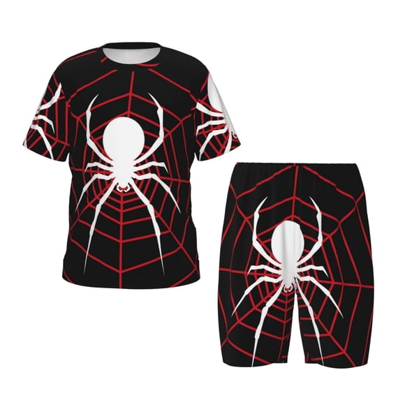 Fotbe Spider On The Web Pattern Kids’ 2-Piece Pajama Set – Comfortable Short-Sleeved Sleepwear for Boys and Girls, Cotton Top and Shorts, Breathable and Soft-Small
