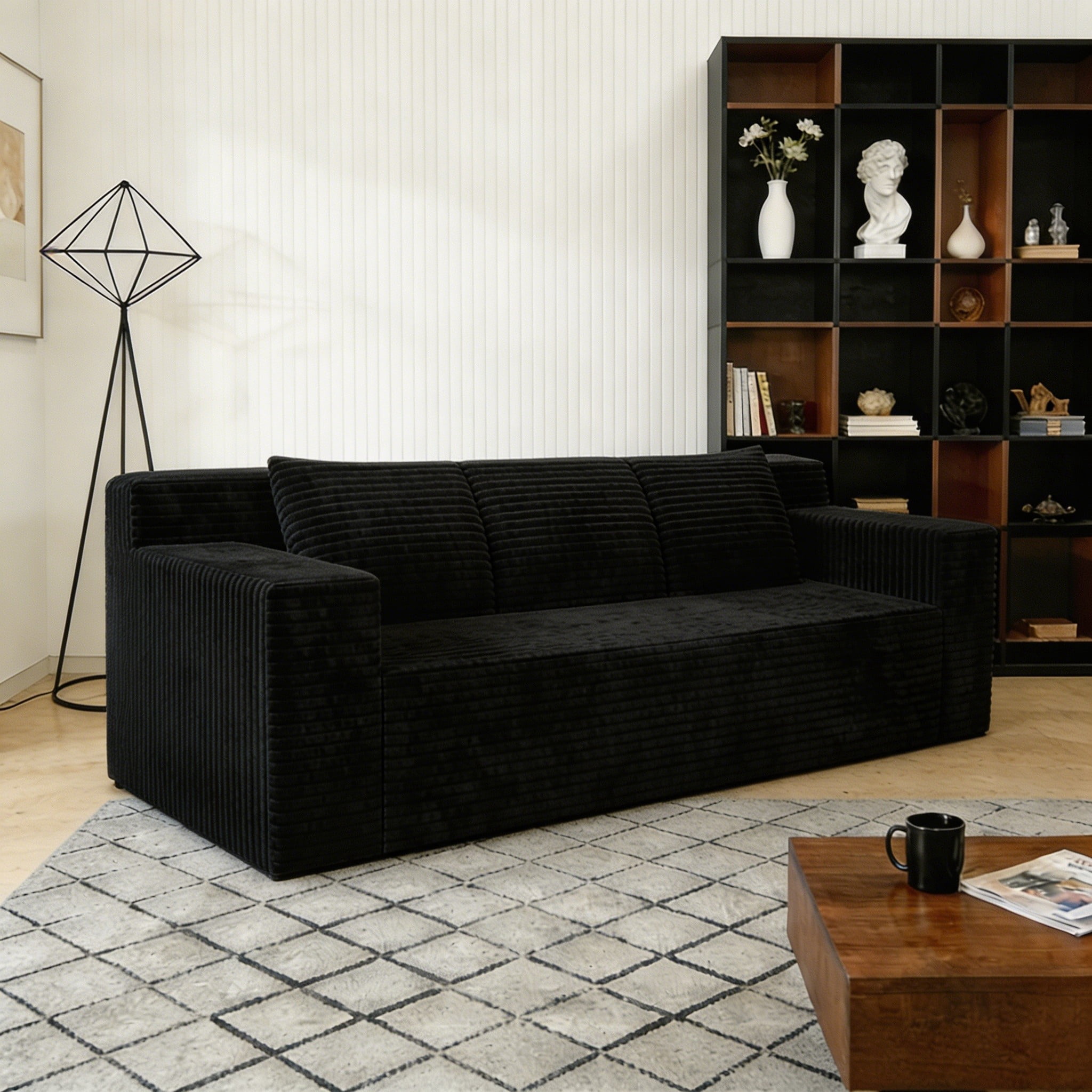 Modern 71" Corduroy Sofa, No Assembly Deep Seat Couch in a Box for Living Room, Black