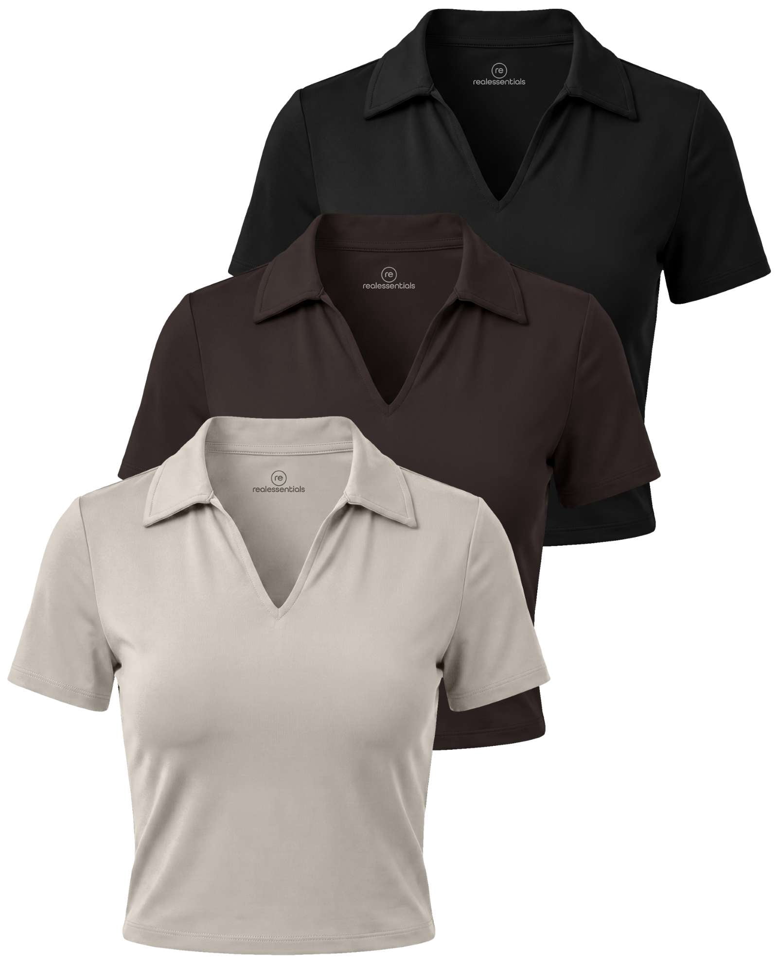 Real Essentials 3 Pack: Women's V Neck Crop Polo Shirts - Short