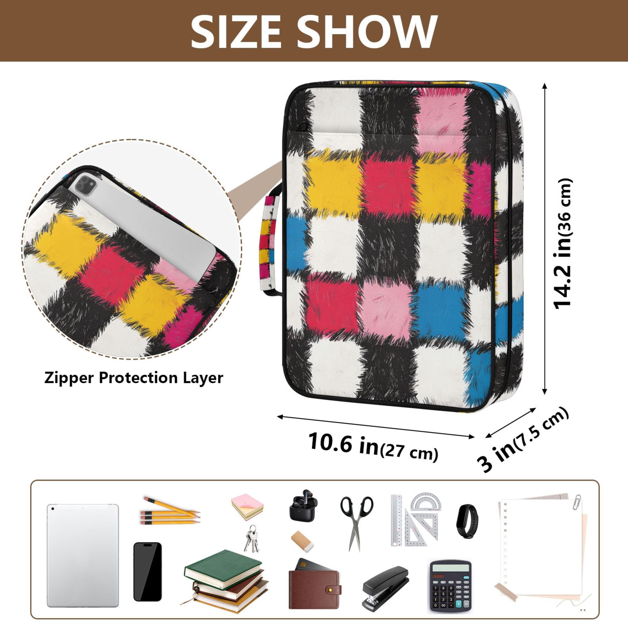 FORMRS Accordion File Folder A4 Size 7-Pocket Expanding Document Organizer Bag with 3 Ring Binder, White Checkered Pattern
