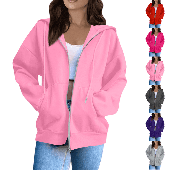 Womens Hoodies Zip Up Casual Long Sleeve Oversized Hoodie Y2K Full Zipper Fleece Preppy Sweatshirts Jackets Pink XL
