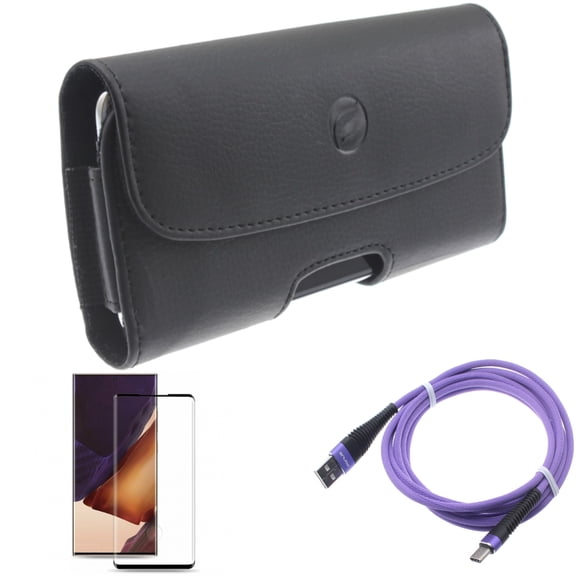 Screen Protector & Case Belt Clip & 10ft USB Cable for Samsung Galaxy Note 20 Ultra (6.9") - Combo with Tempered Glass (Fingerprint Unlock) & Leather Holster & Purple Type-C