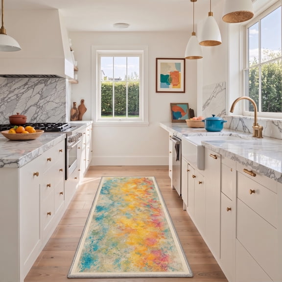 GENIMO 2'x6' Geometric Abstract Runner Rug, Machine Washable Non Slip Low Pile Hallway Runner Rug for Kitchen Laundry Room, Bright Sunset