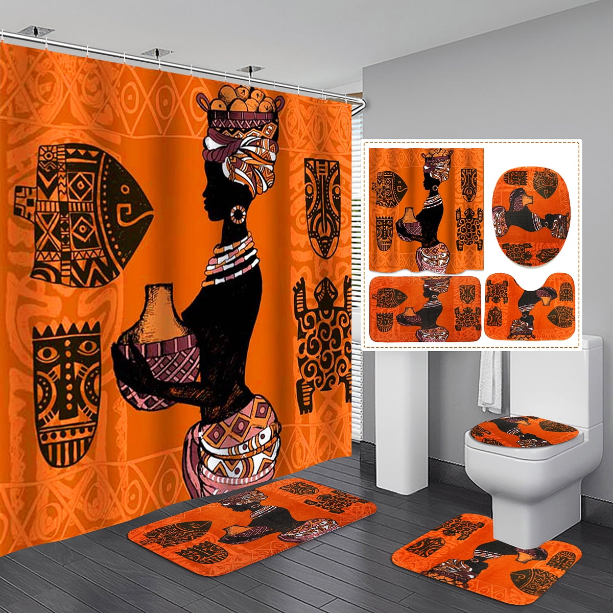 Details about   African Woman Shower Curtain Bathroom Rug Set Bath Mat Non-Slip Toilet Lid Cover