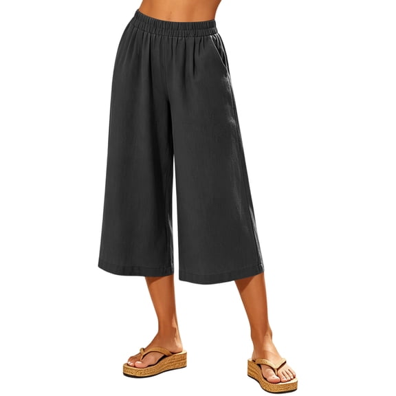 cocolona Womens Summer Casual Capri Pants Elastic Waist Straight Wide Leg Travel Beach Cropped Pants with Pockets