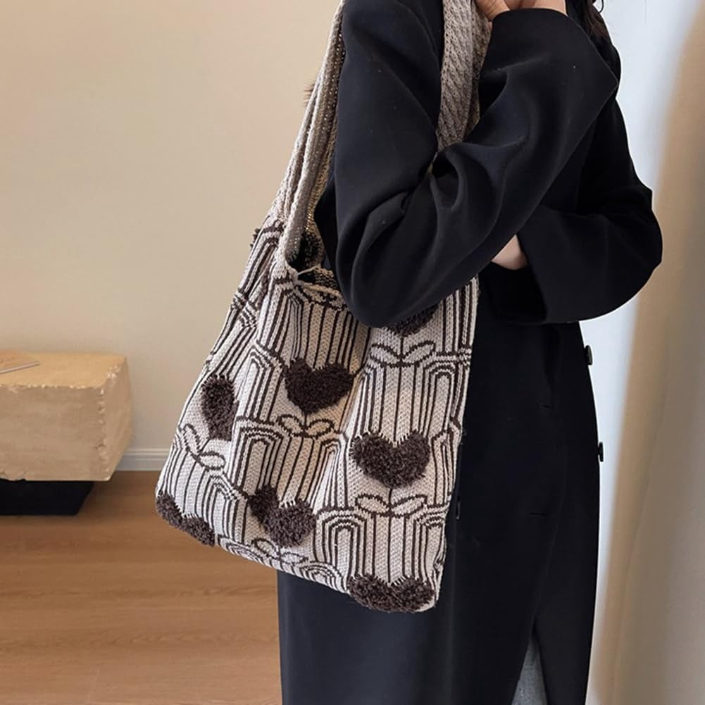 CAILDANL Crochet Tote Bag Cute Aesthetic Hobo Bag Hearts Pattern Knitted Shoulder Bag Hollow Beach Bag for Women