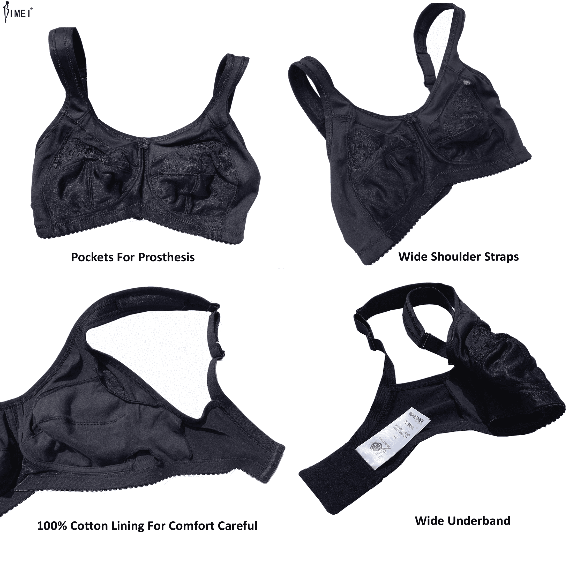 BIMEI Women's Mastectomy Bra Pockets Wireless Post-Surgery Invisible  Pockets for Breast Forms Flower Embroidery Everyday Bra Sleep Bra  2118,Black, 42A 