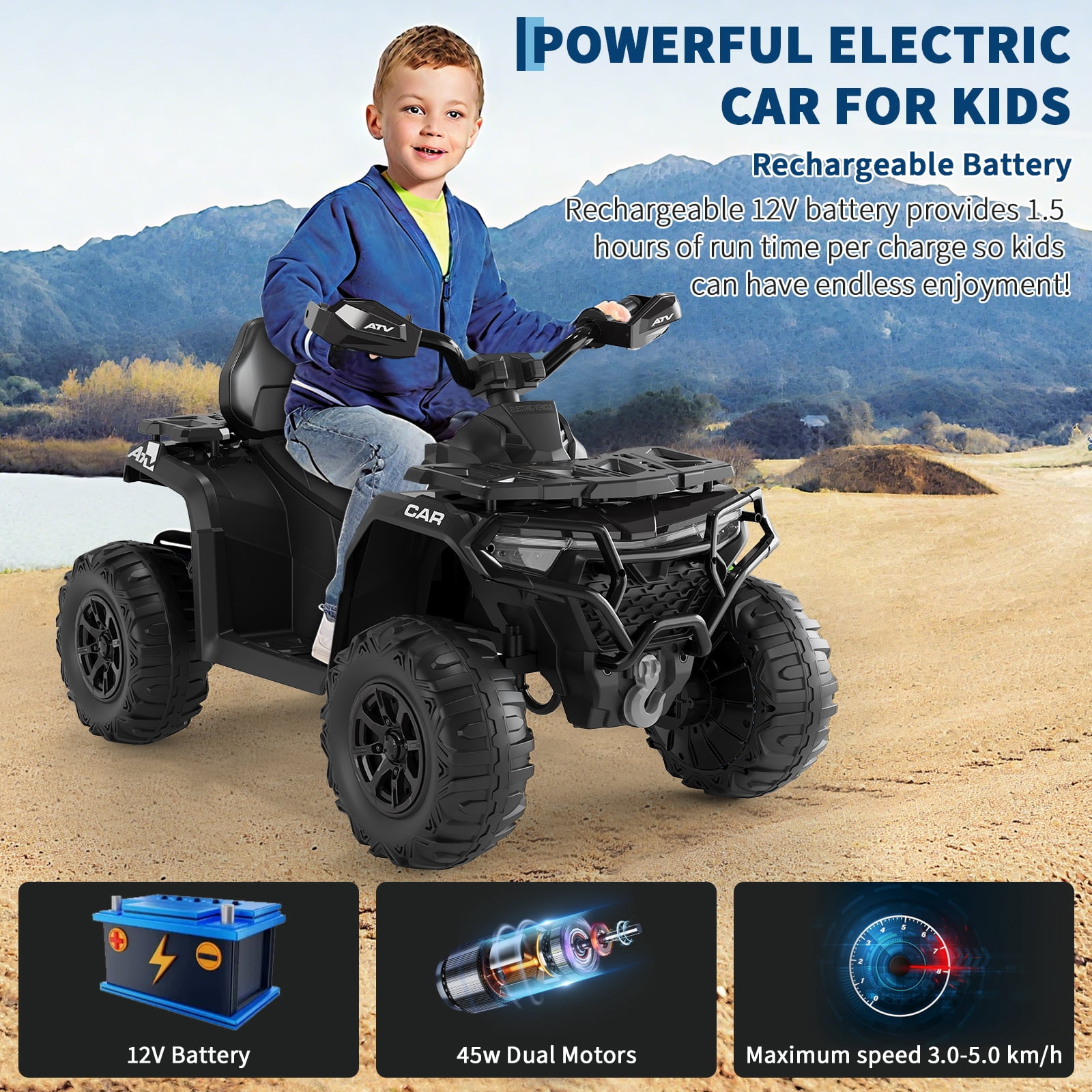 Garvee 12V Kids Ride On ATV,3 Variable Speeds,with Parent Remote Control,LED Headlights,Music,Black