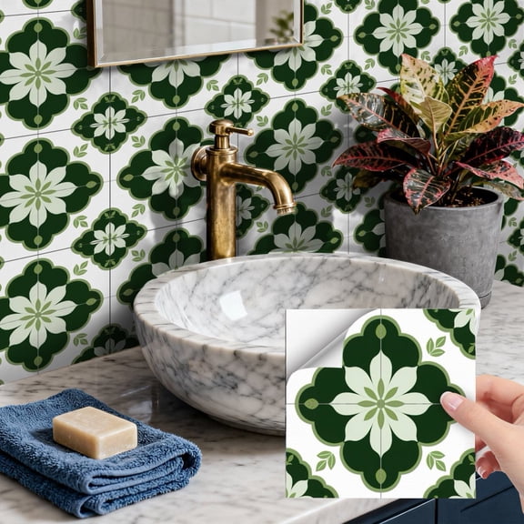 24Sheet Tile Sticker Peel and Stick Backsplash Matte PVC 5.9" x 5.9" DIY Decor Green Flowers Wall Stickers Waterproof Self Adhesive Decals