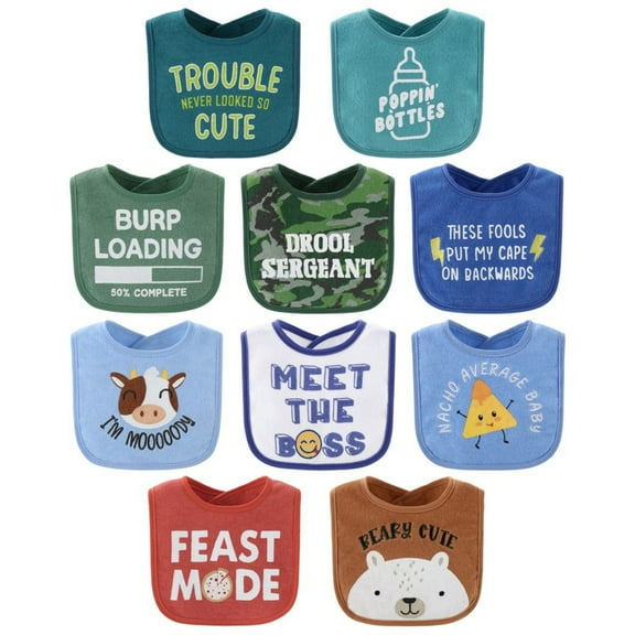 The Peanutshell Oh Boy! Terry Baby Bib 10 Pack Set, Feeding, Teething, Drooling