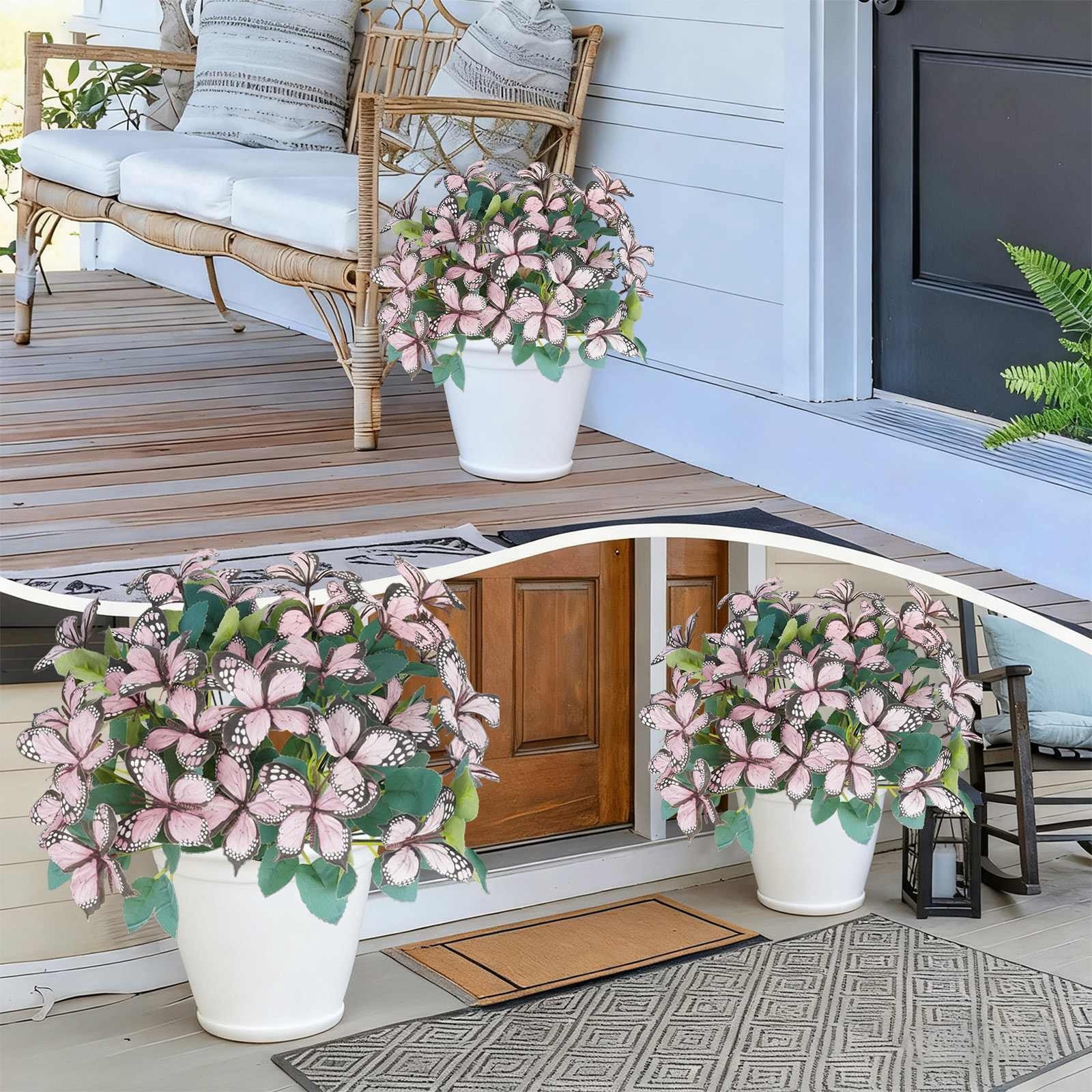 Eoozwa Waterproof Outdoor Artificial Flowers, 7‑Head Colorful Butterfly Orchid Faux Bouquet, Realistic Plastic Fake Flowers for Garden Patio Balcony Holiday Decor