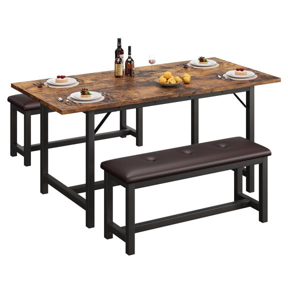3-Piece Extendable Dining Table Set for 4-6 – Space-Saving Kitchen Table with 2 Padded Benches, Metal Frame – Breakfast Nook, Small Space – Vintage