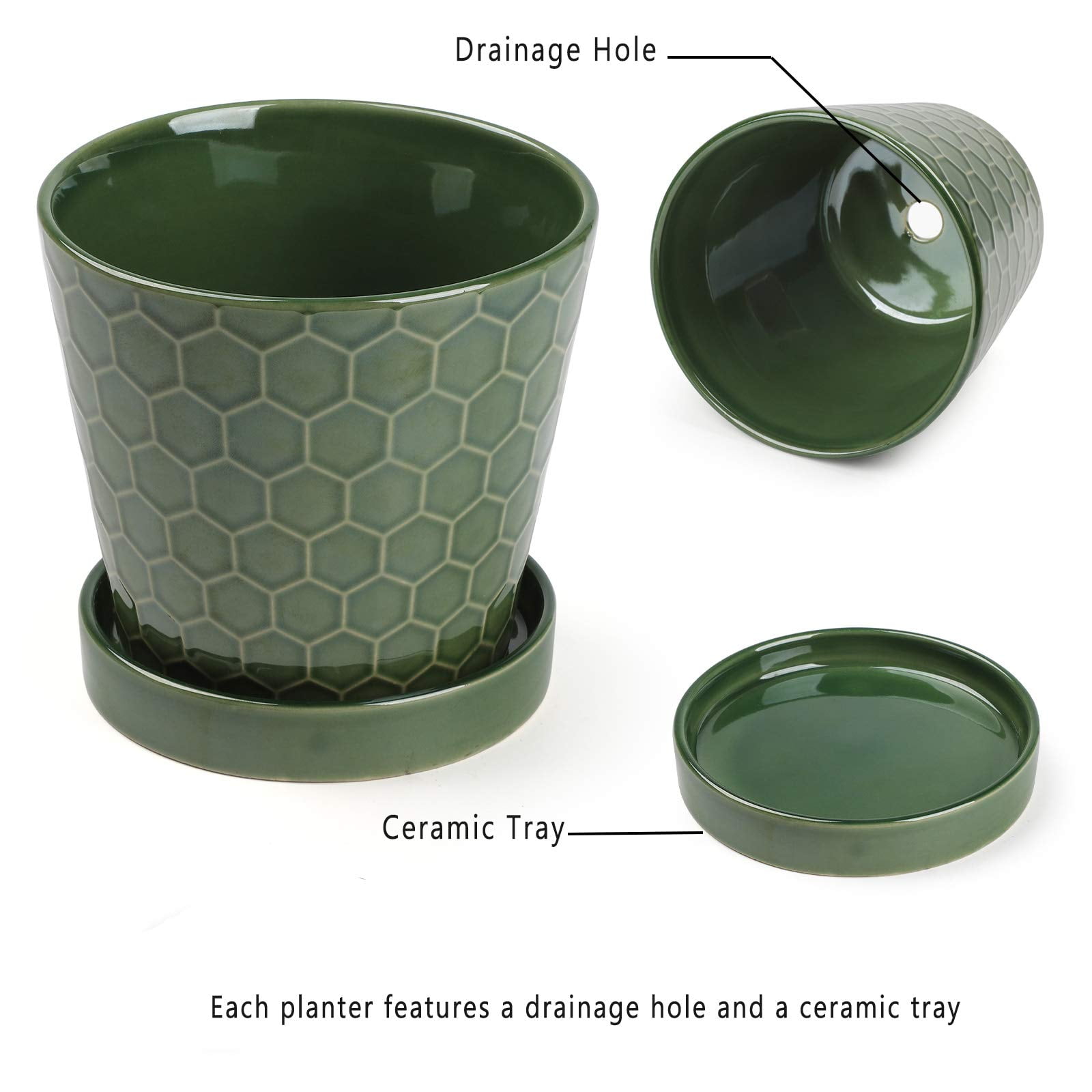 BUYMAX 4",5",6" Dia Planter Set of 3, Modern Style Ceramic Plant Pots with Drainage Hole and Tray for Indoor Outdoor Patio, Forest Green​