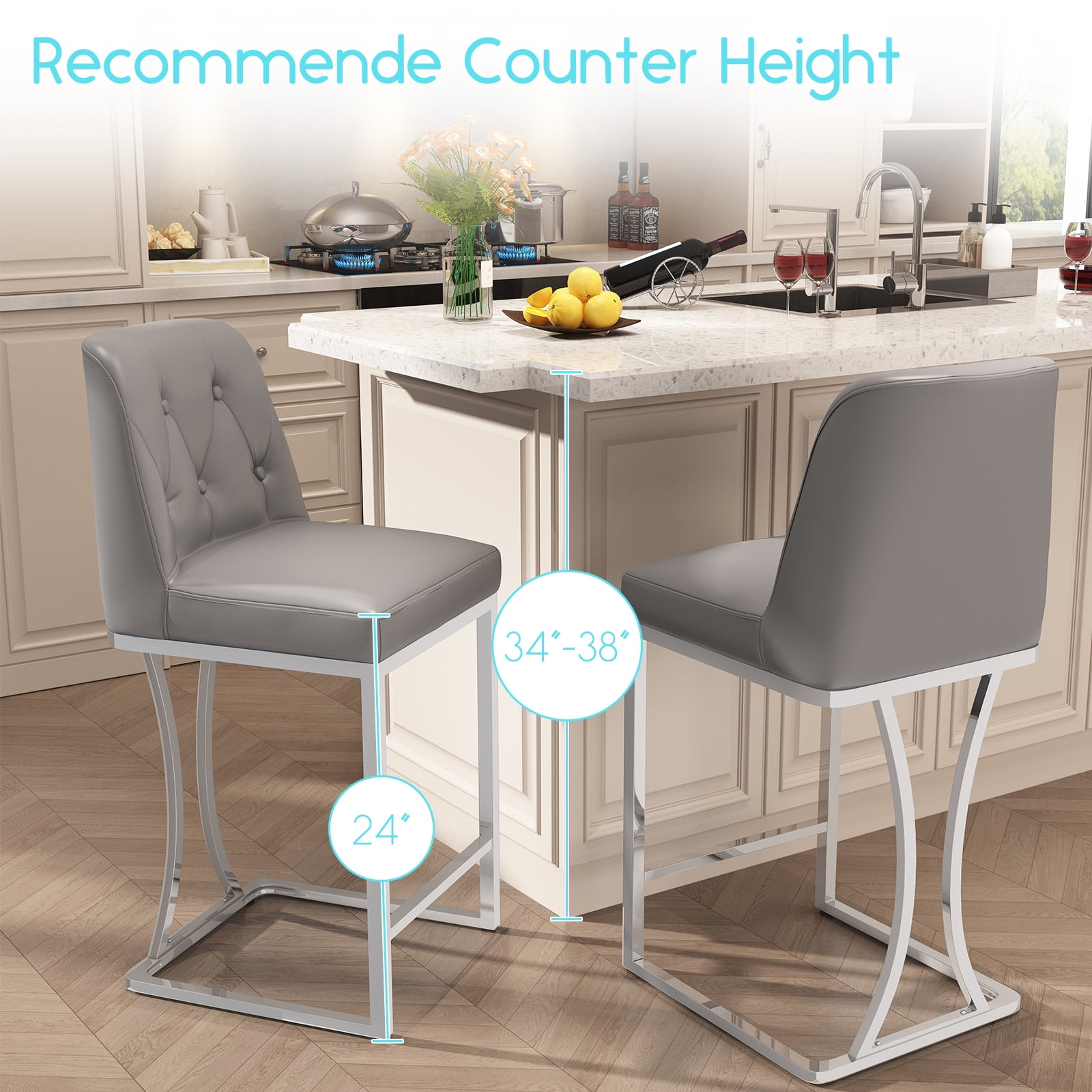 Ninecer 24" Counter Height Bar Stools Set of 2, PU Leather Counter Stool Chairs with Full Back for Kitchen Island, Gray