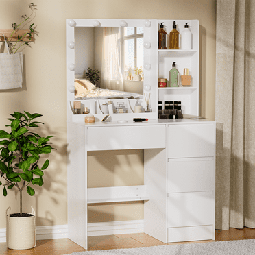 Caulitar Vanity Set with LED Lighted and Mirror, Makeup Desk with Shelves and 4 Drawers, Makeup Vanity for Bedroom