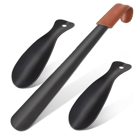 SUCUUI 3 Pack Metal Shoe Horn, 16.5 inch Shoe Horn Long Handled for Seniors Men, Stainless Steel Long Shoehorn for Boots, 2Pcs7.5 inch Travel Small Shoe Horn with Hook for Women Kids