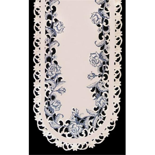 H8459-B Delft Blue & Rose Oval Runner, 16 x 36 in.