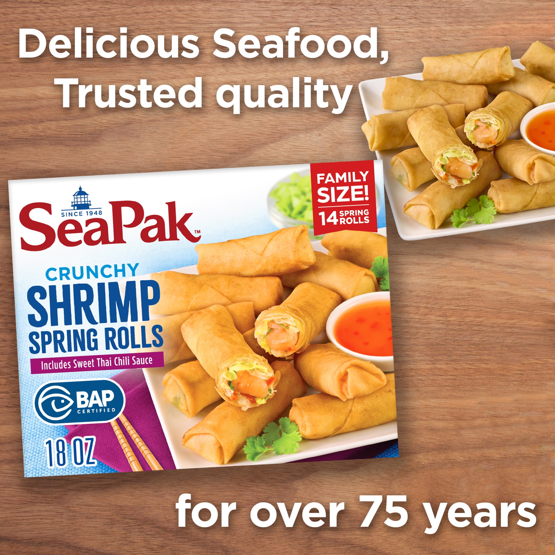 SeaPak Shrimp Spring Rolls with Sweet Thai Chili Sauce, 18 oz, BAP Certified (Frozen Seafood)