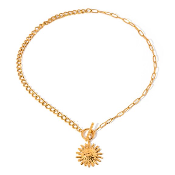 18K Gold Plated Sun Pendant Necklace for Women Fashion Pearls Chain Jewelry