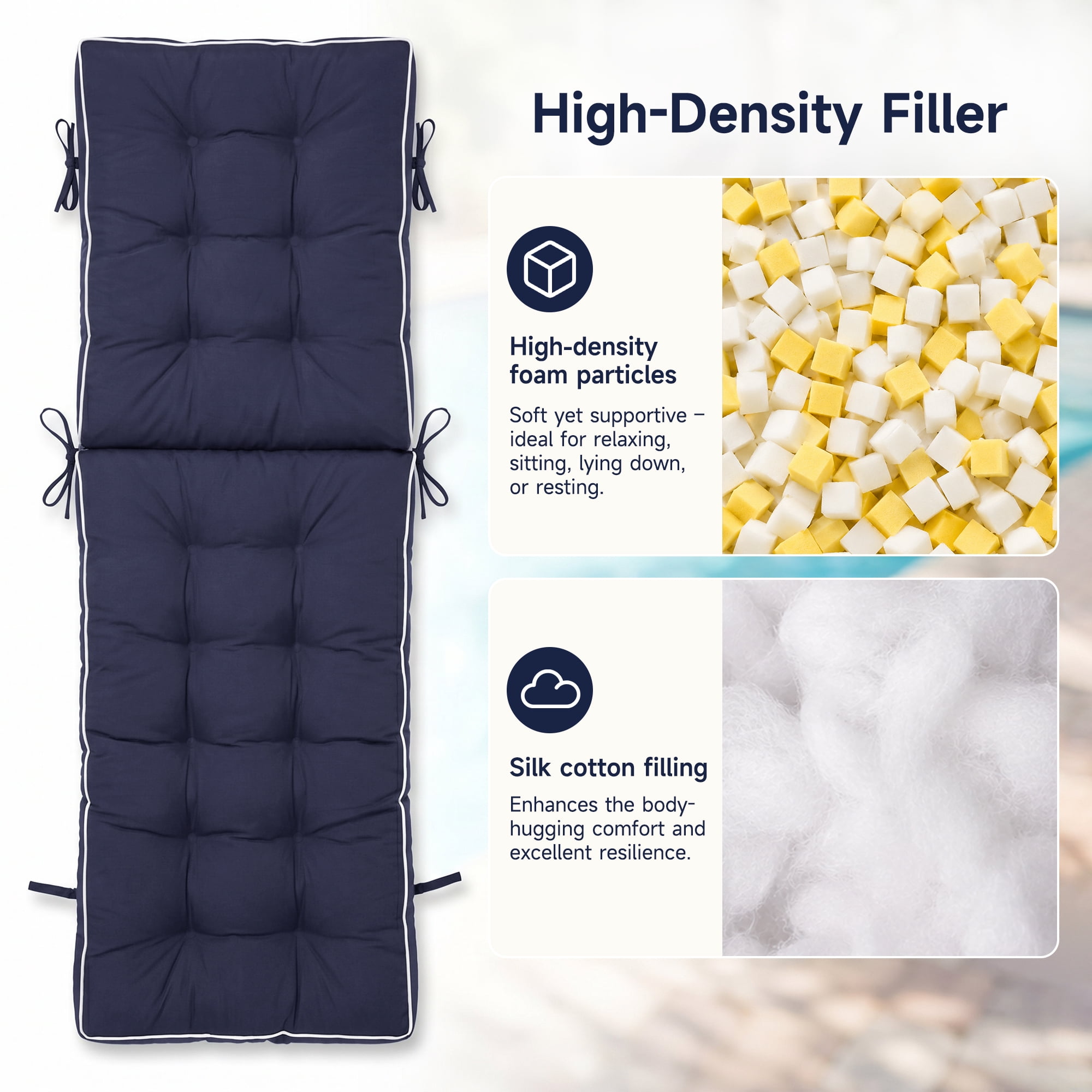 2 Pack 72x21 Inch Outdoor Folding Chaise Lounge Cushion, Quick Dry Shredded Foam Sun Lounger Pad with Non-Slip Backing & 6 Fastening Straps for Patio, Deck and Poolside Recliners