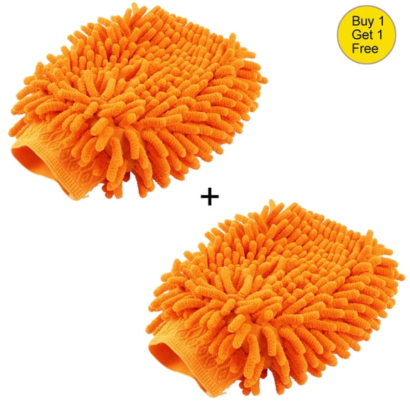 Car Cleaning Tool 2 Sides Auto Orange Microfiber Chenille Mitt Glove 21cm x 18cm 2 Pcs Total