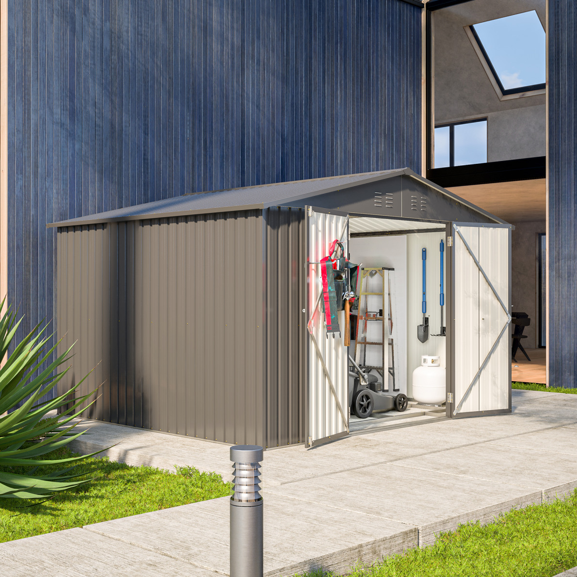 10X8 FT Outdoor Storage Shed, Metal Tool Shed & Outdoor Storage with Lockable Door and Vents Ideal for Bicycles, Tools, Lawnmowers, Backyards, Patios, Lawns