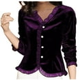 thumbnail image 2 of CFLVAEK Womens Ruffled Trim Shirts Plus Size Vintage Button Down Velvet Tops Casual Long Sleeve Tunic Tops Solid Color Fall WinterGoing Out Shirts Purple XXXL, 2 of 4
