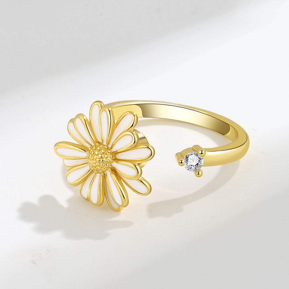Womens Purple Enamel Flower Ring Fidget Spinner Copper Adjustable Fashion Jewelry For Anxiety Relief Calm Days