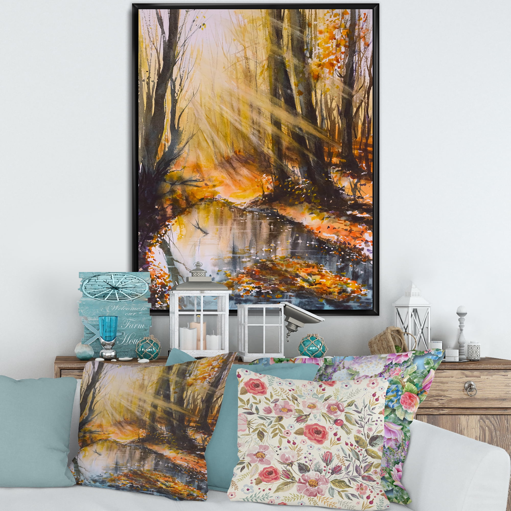 Designart 'Bright Sunshine Through The Brown Forest Trees' Lake House Framed Canvas Wall Art Print