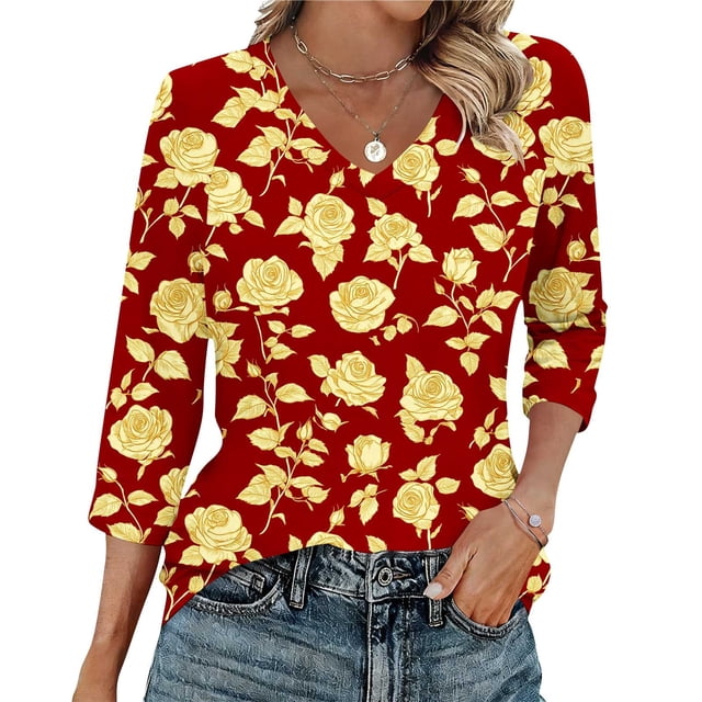 Ounisa T-Shirts à Manches 3/4 pour Femmes Col en V Manches Raglan Chandail Imprimé Décontracté Tendance Printemps Été Mode Hauts P-2TG